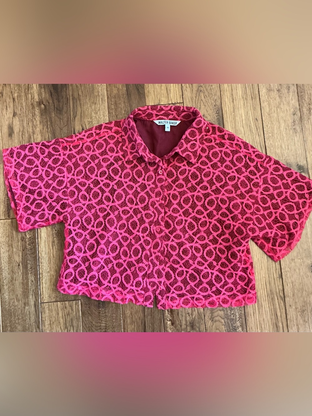 Walter Baker Pink Lace Cropped Button Down Shirt, medium
